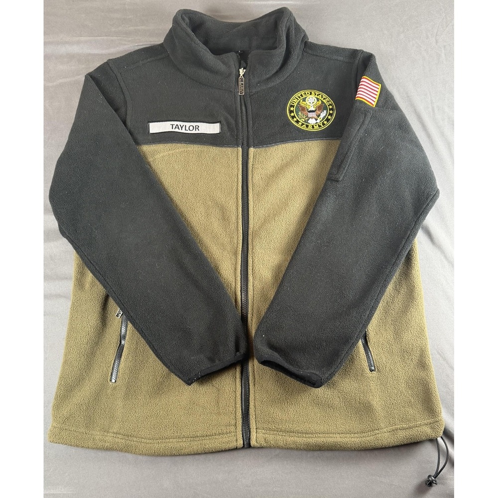 Danbury Mint Jacket Mens Large Green Black Fleece Full Zip US Army Patch
